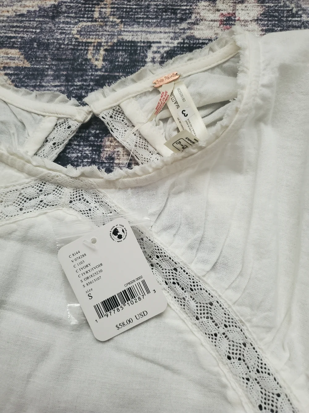 Free People Ivory Lace-Trim Puff Sleeve Crop Top